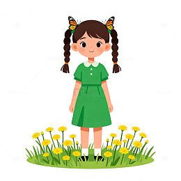 卡通绿衣女孩花草插画