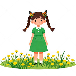 卡通女孩草地插画