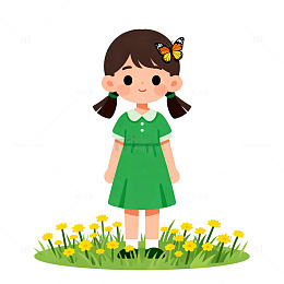 卡通小女孩草地插画