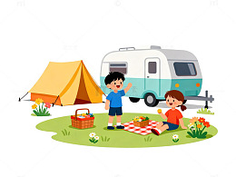 卡通野营家庭户外活动插画