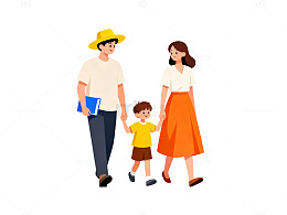 卡通一家三口手牵手散步