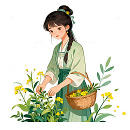 古风女子采花插画设计素材