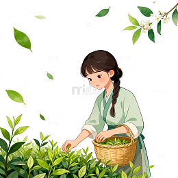 插画风采茶女采摘茶叶图