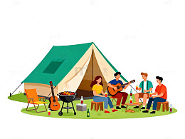 露营野餐卡通场景插画