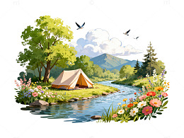 田园风露营风景插画