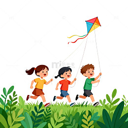 儿童放风筝卡通插画