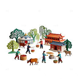 剪纸风古代乡村生活场景