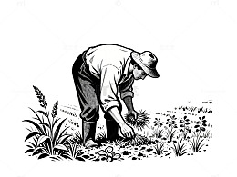 黑白插画农民耕作田地