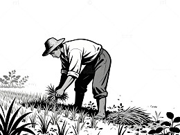 黑白简笔画农民耕作农田