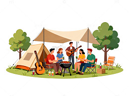 卡通露营聚会户外活动插画