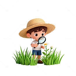 卡通小男孩放大镜探索草地