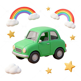 卡通绿色汽车彩虹云朵星星插画