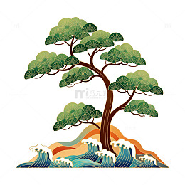 松树海浪艺术插画