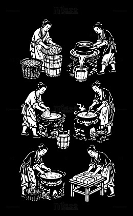 中国传统制豆腐工艺流程矢量插画