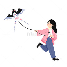 卡通少女放风筝插画素材