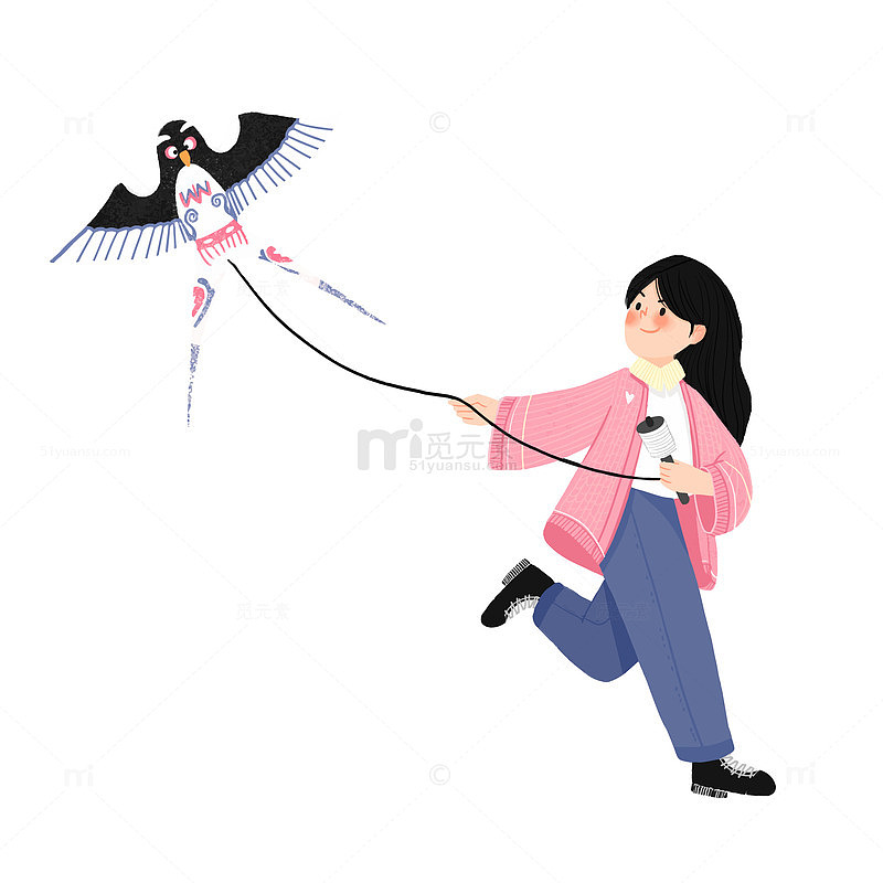 卡通少女放风筝插画素材