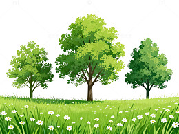 清新绿树草地插画