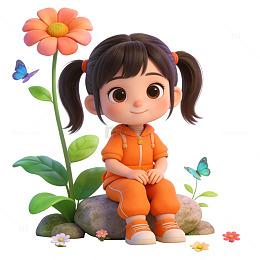 卡通小女孩与花朵插画