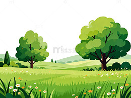卡通风格草地树木风景插画