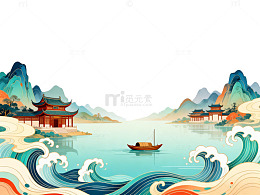 古风山水湖面风景插画