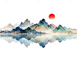 水墨山水画日出风光图片