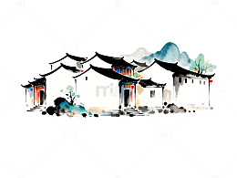 水墨画传统民居风光