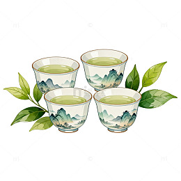 山水茶杯茶叶插画