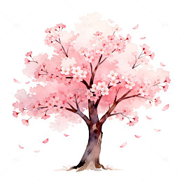 水彩樱花树春季插画素材