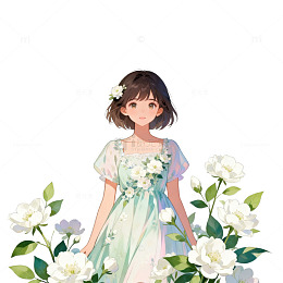 插画风格少女与花卉设计素材
