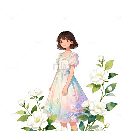 清新水彩少女与花朵插画