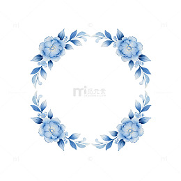 蓝色花卉圆形花环设计素材