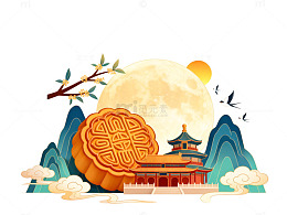 中秋佳节月饼山水传统插画