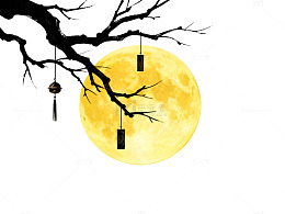 水墨风满月树枝灯笼图案