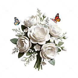 纯白花束与蝴蝶装饰图