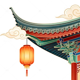 中国风古建筑灯笼插画素材