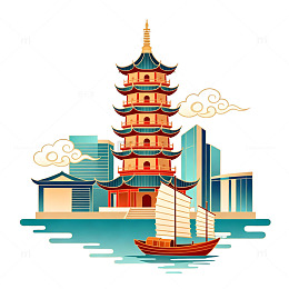 中国风宝塔帆船插画设计