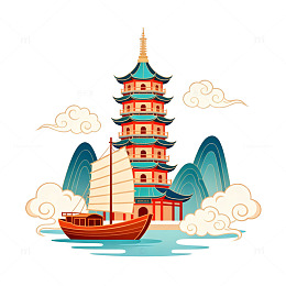 中国风宝塔游船插画