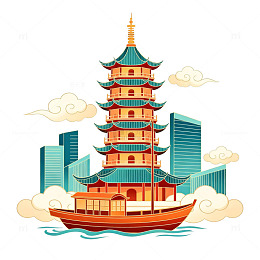 传统宝塔现代城市插画