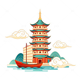 中国风宝塔帆船插画