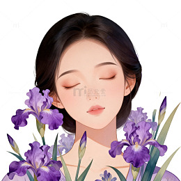 插画风格女性与鸢尾花艺术插画
