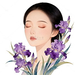 插画风格女性与鸢尾花设计元素