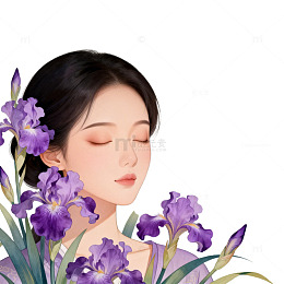 插画风格女性与鸢尾花艺术素材