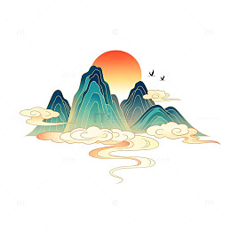 国潮山水日落风景插画