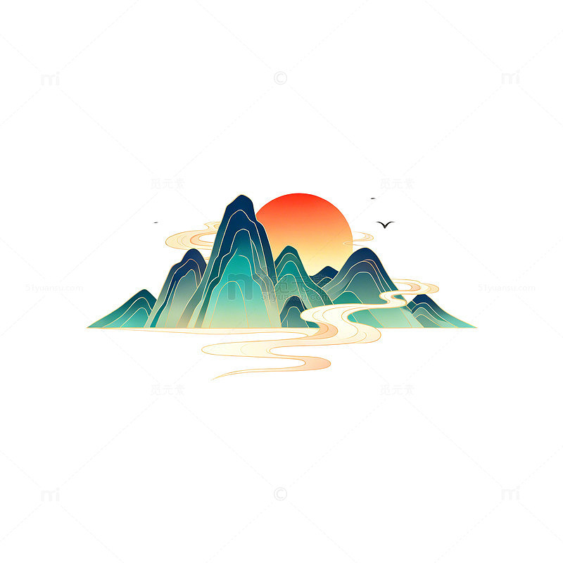 国潮山水画日出风景矢量插画