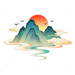 国潮山水画日落风光矢量图