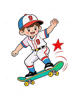卡通可爱棒球少年滑板人物插画免扣素材