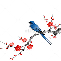 水墨花鸟画蓝鸟梅花图