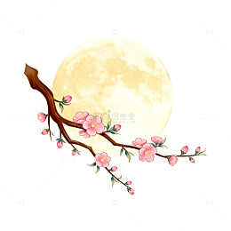 水彩桃花月夜插画设计素材