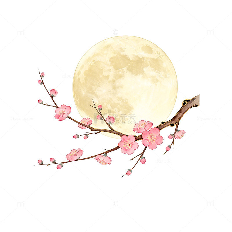 水彩月梅意境图