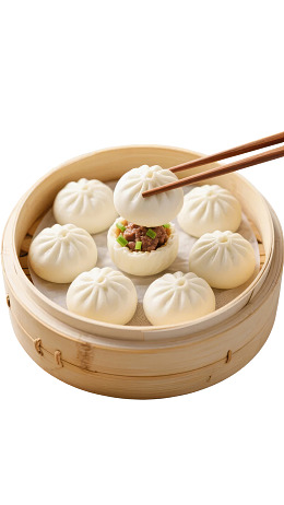 竹蒸笼里的肉馅包子图片